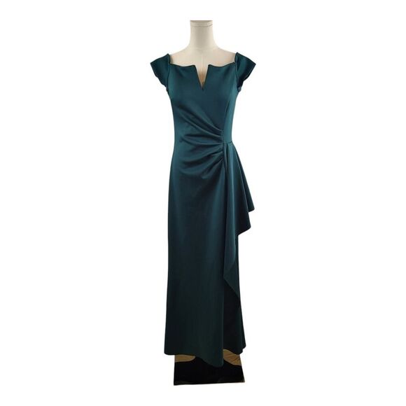 NEW XSCAPE Small* Hunter Green Long Gown Off Shoulder Ruched Ruffle USA Made - Picture 6 of 15